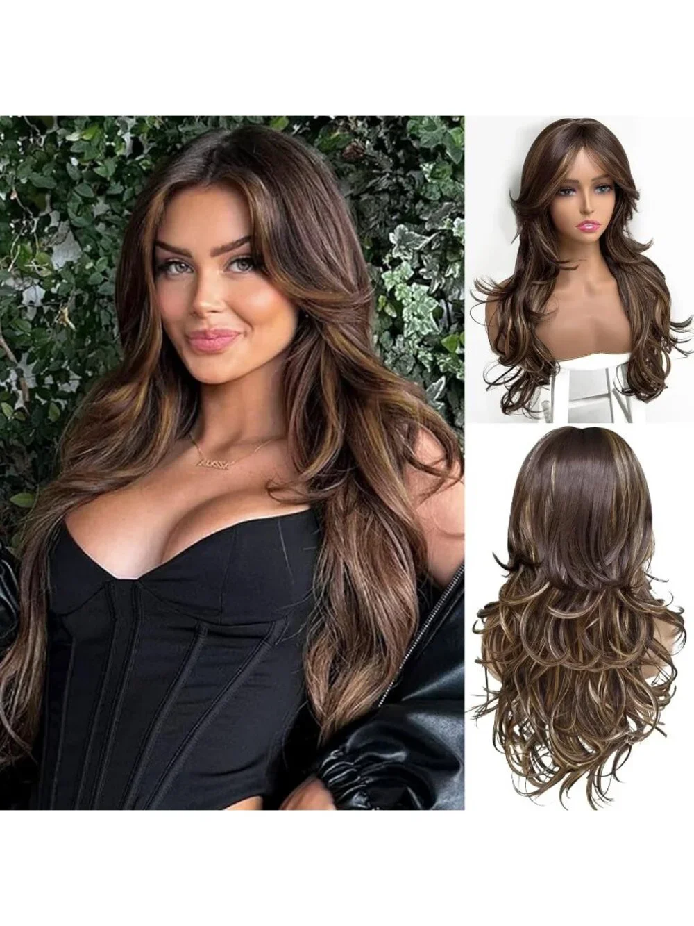 Women's Dark Brown 1 Long Blonde Wavy Synthetic Platinum Layered Classic Wigs